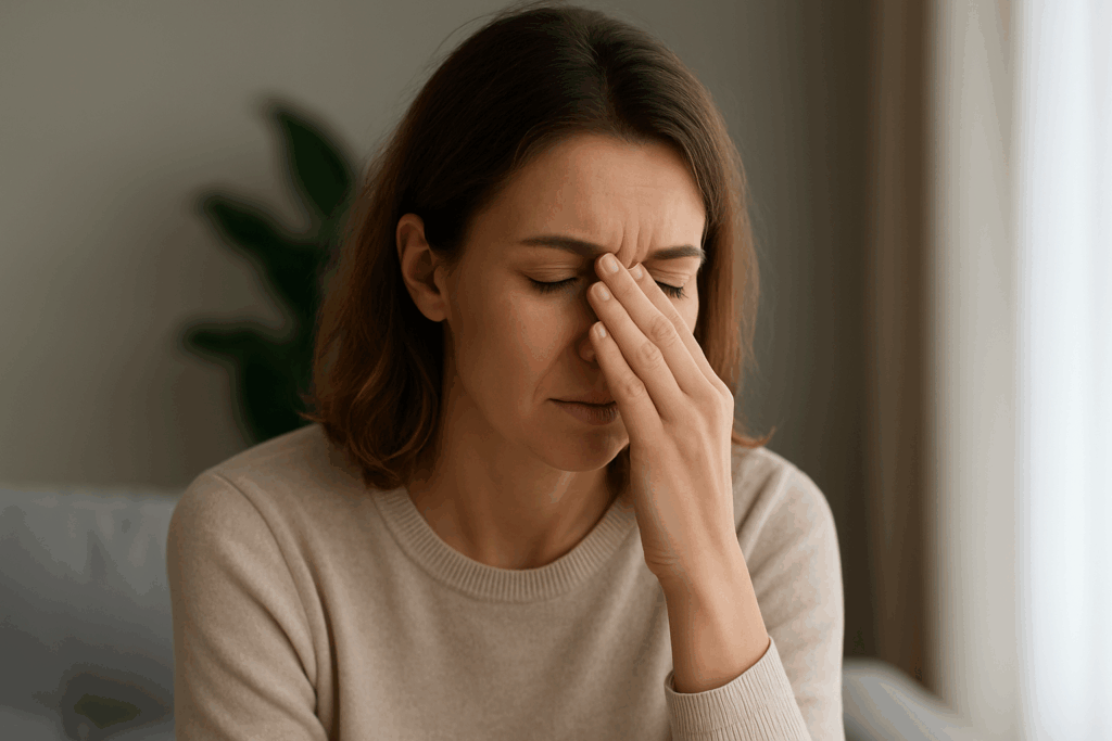 Zamknięta w sobie kobieta w beżowym swetrze, siedząca na kanapie z ręką przy twarzy, wyrażająca smutek i przytłoczenie
