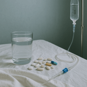 Szklanka wody, tabletki i zestaw do kroplówki na białym prześcieradle – symbole detoksu narkotykowego w warunkach medycznych