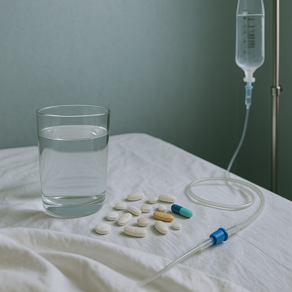 Szklanka wody, tabletki i zestaw do kroplówki na białym prześcieradle – symbole detoksu narkotykowego w warunkach medycznych