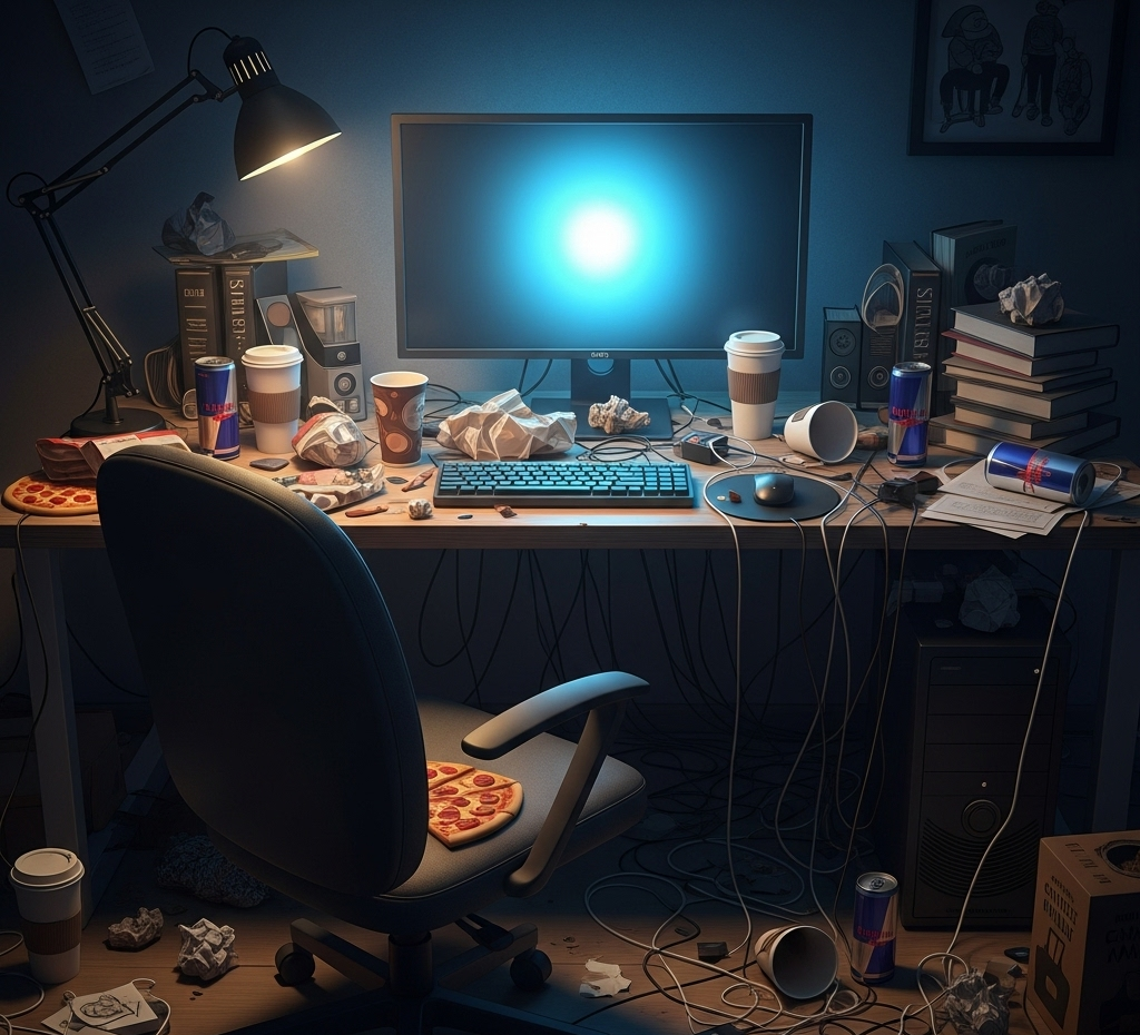 Biurko z komputerem w zabałaganionym pokoju.