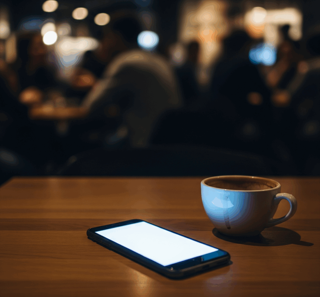 Telefon i kubek po kawie na stoliku w kawiarni. W tle widać niewyraźne sylwetki ludzi, co podkreśla wrażenie izolacji