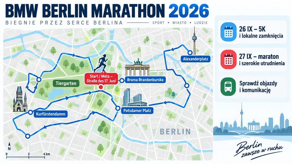 BMW Berlin Marathon 2026: trasa, zamknięte ulice i utrudnienia 26–27 września